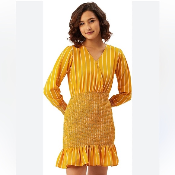 Mustard yellow striped long sleeve dress women’s medium - Picture 1 of 6